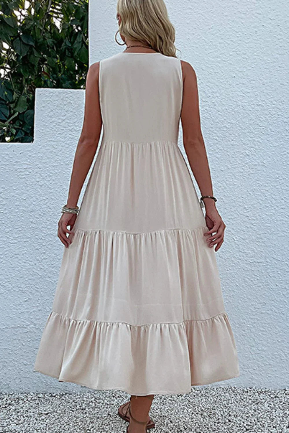 Decorative Button Sleeveless Tiered Dress - Southern Shores Clothing