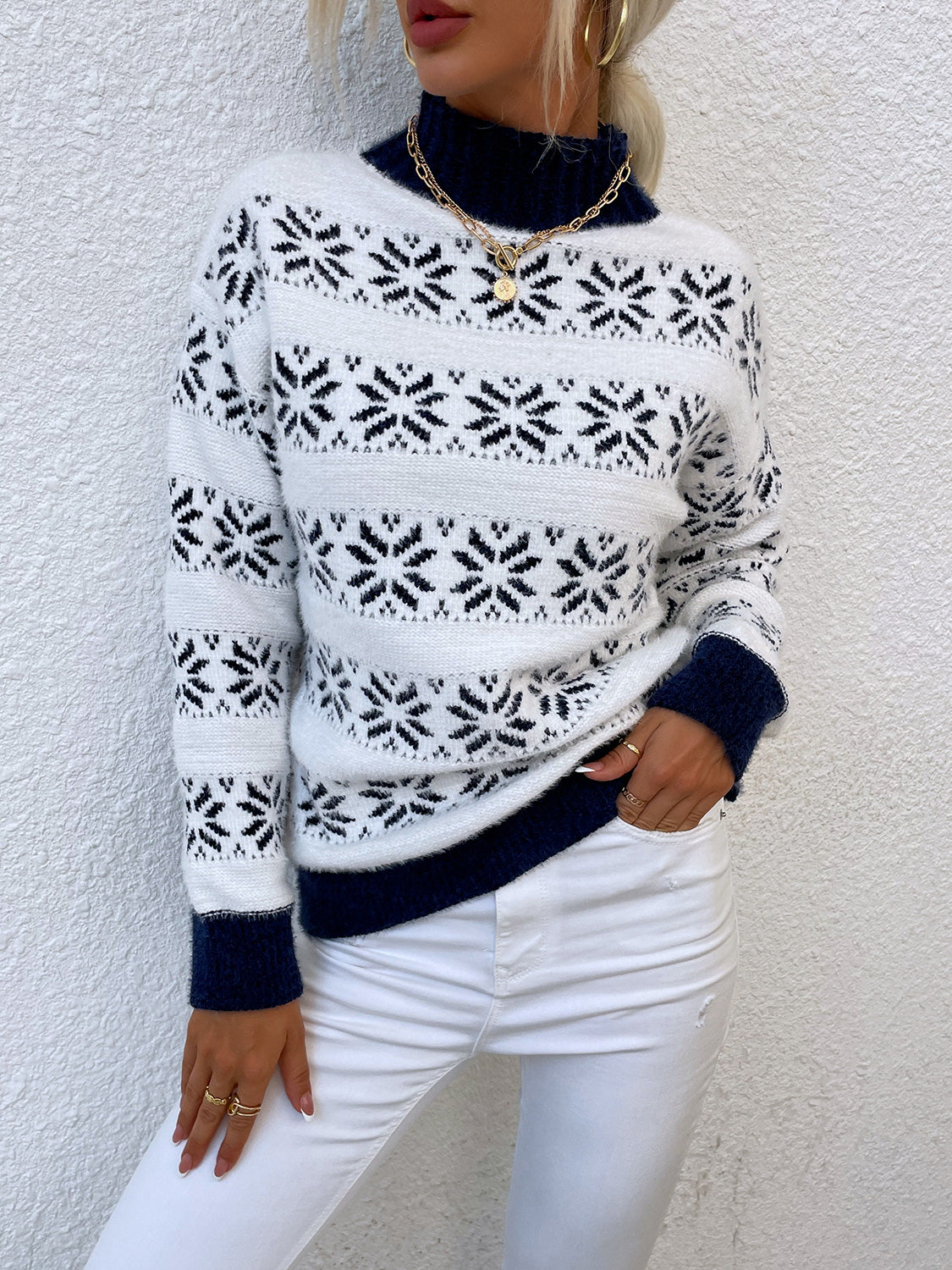 Southern Shores Women's Christmas Snowflake Mock Neck Sweater