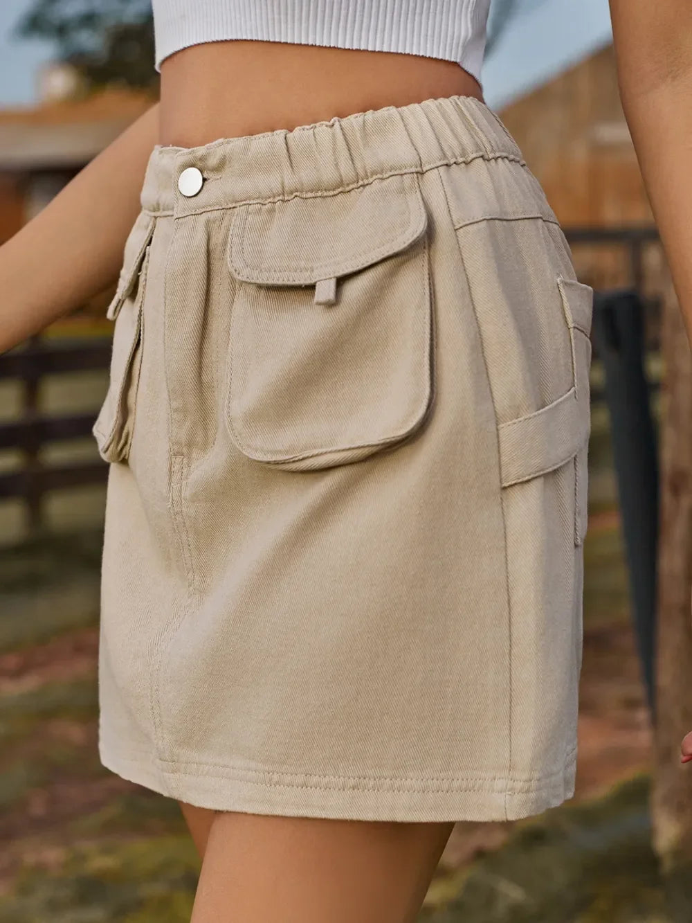 Pocketed Denim Skirt With Elastic Waist Casual - Southern Shores Clothing