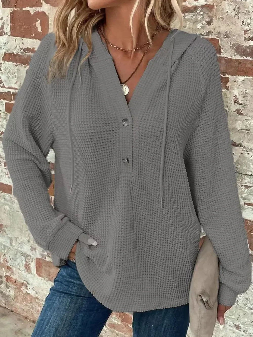 Waffle Knit Long Sleeve Drawstring Hooded Top - Southern Shores Clothing