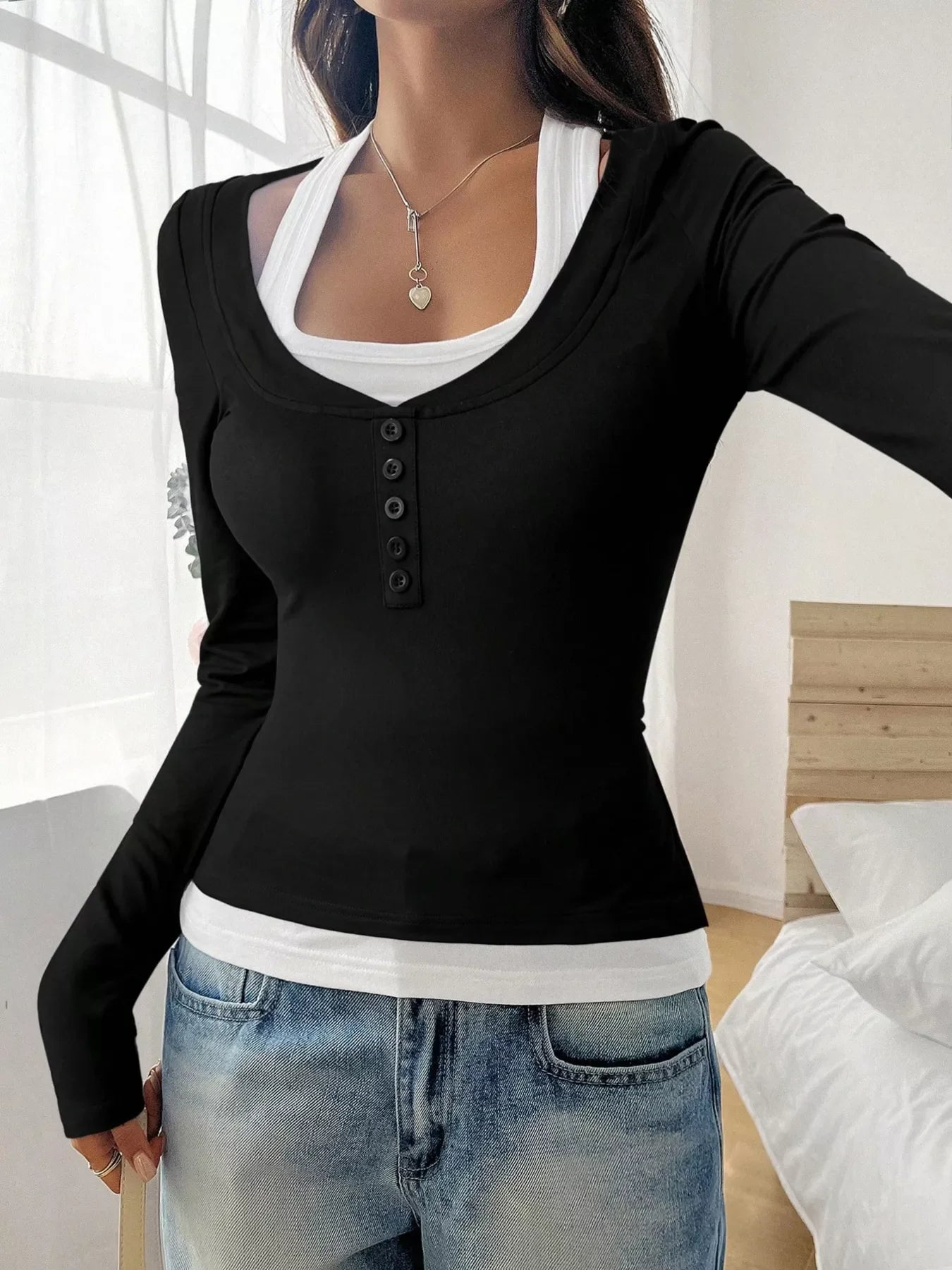 Scoop Neck Long Sleeve Fake Two-Piece T-Shirt - Southern Shores Clothing