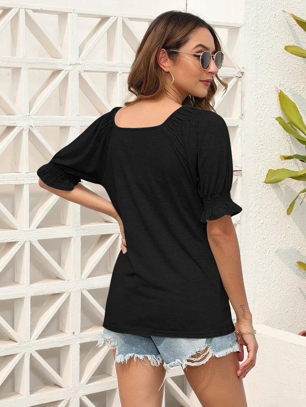 Southern Shores Clothing Ruched Short Sleeve Blouse Made From Polyester Blend Fabric For Versatile Wear - Southern Shores Clothing