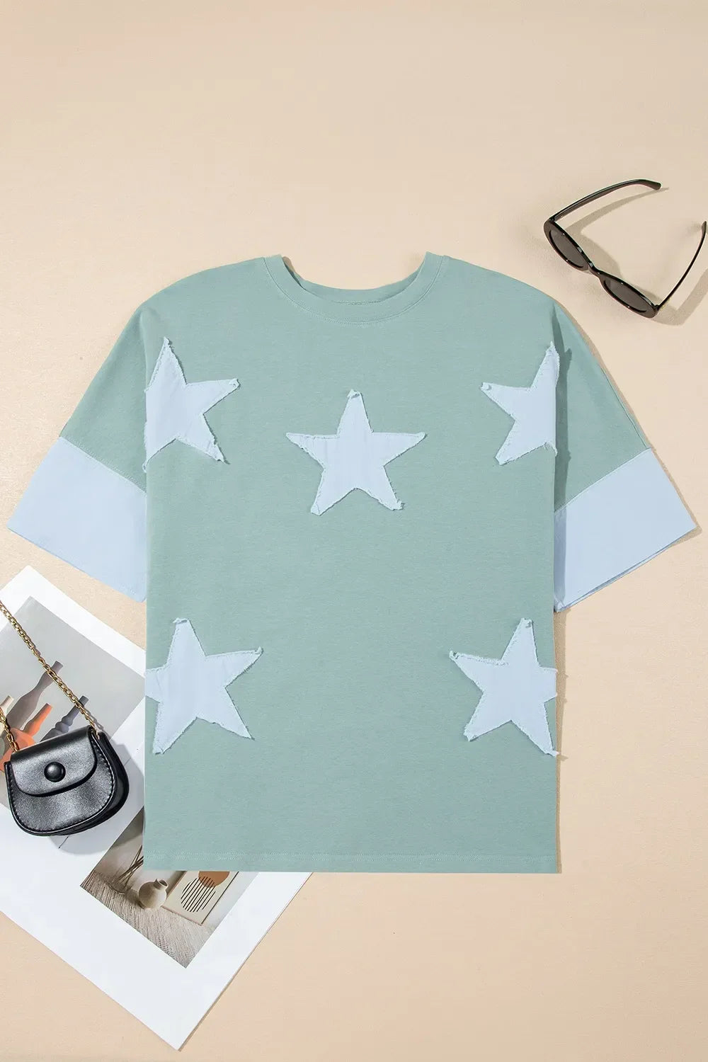 Oversized Frayed Denim Star Applique Tee With Patches - Southern Shores Clothing
