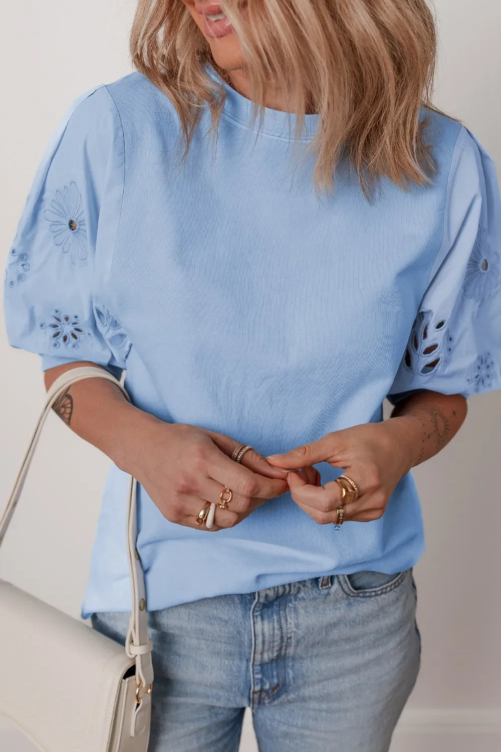 Eyelet Flower Embroidered Patchwork Puff Short Sleeve Blouse - Southern Shores Clothing