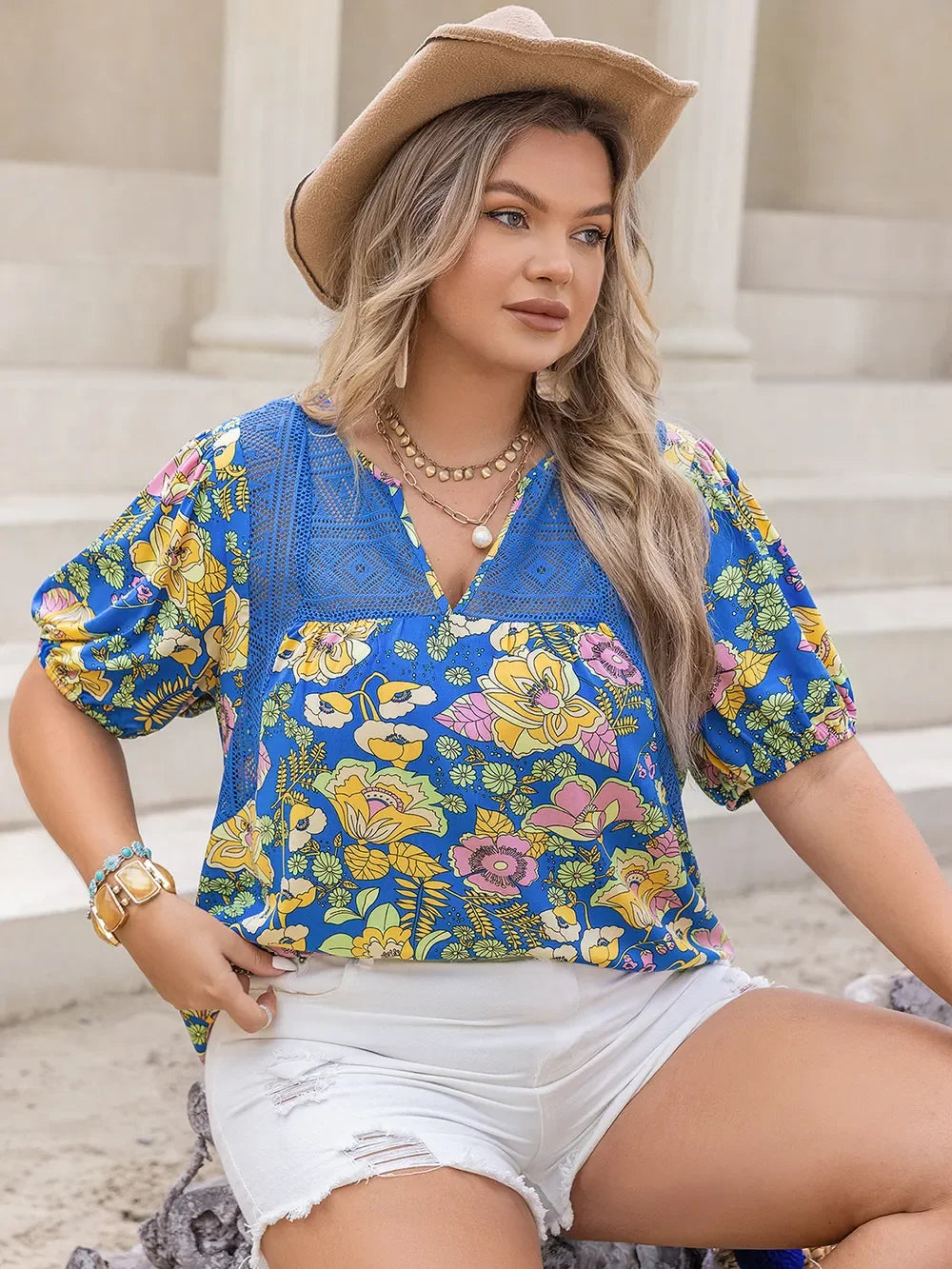 Plus Size Printed Notched Short Sleeve Blouse - Southern Shores Clothing
