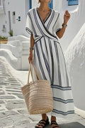 Striped Wrap Maxi Dress With Half Sleeve - Southern Shores Clothing
