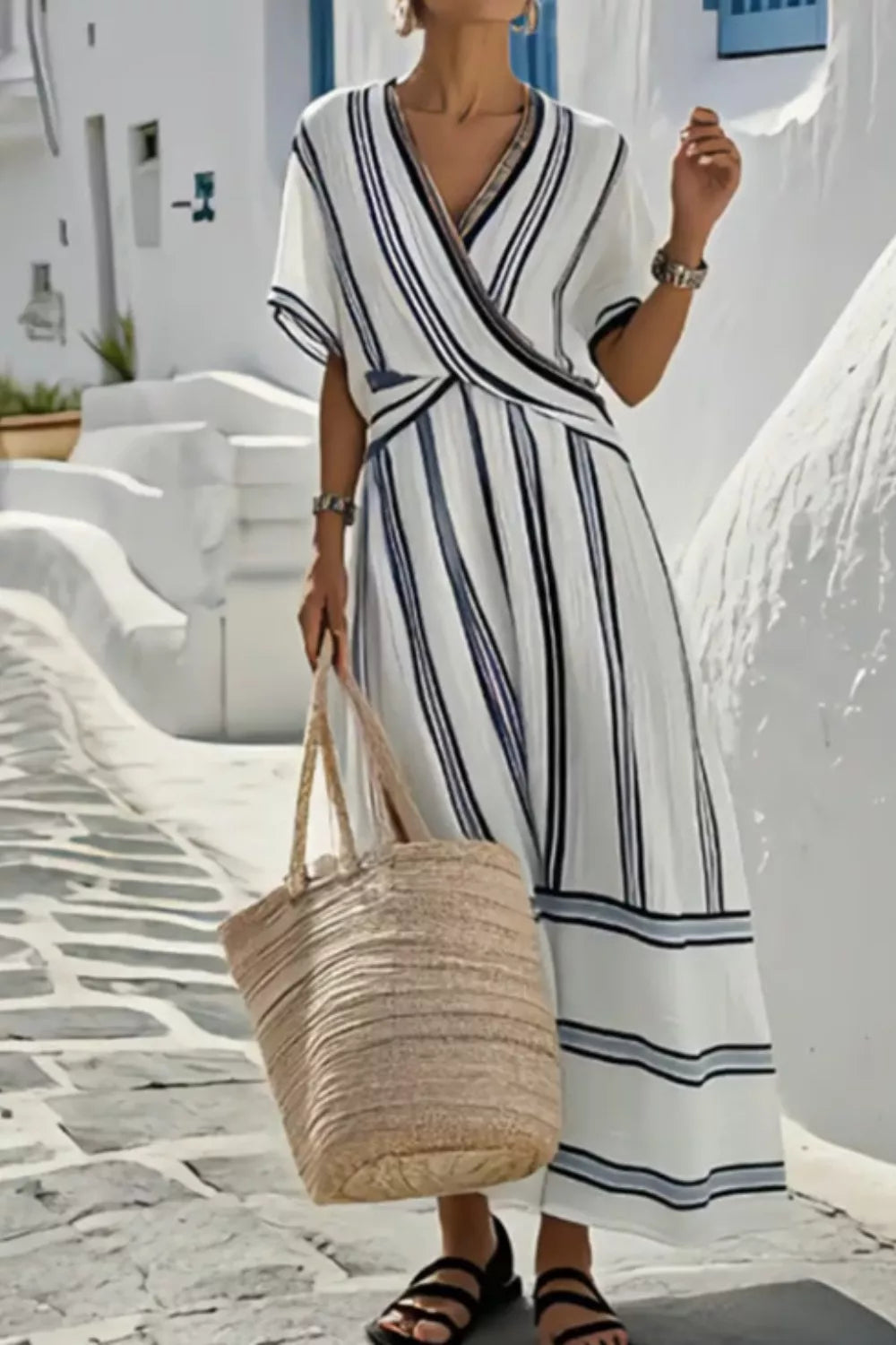 Striped Wrap Maxi Dress With Half Sleeve