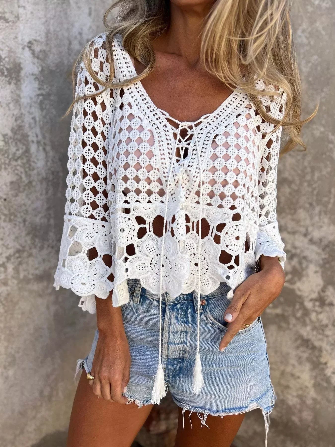 Tassel Crochet Knit Cover Up With Openwork Boho Style Chic - Southern Shores Clothing