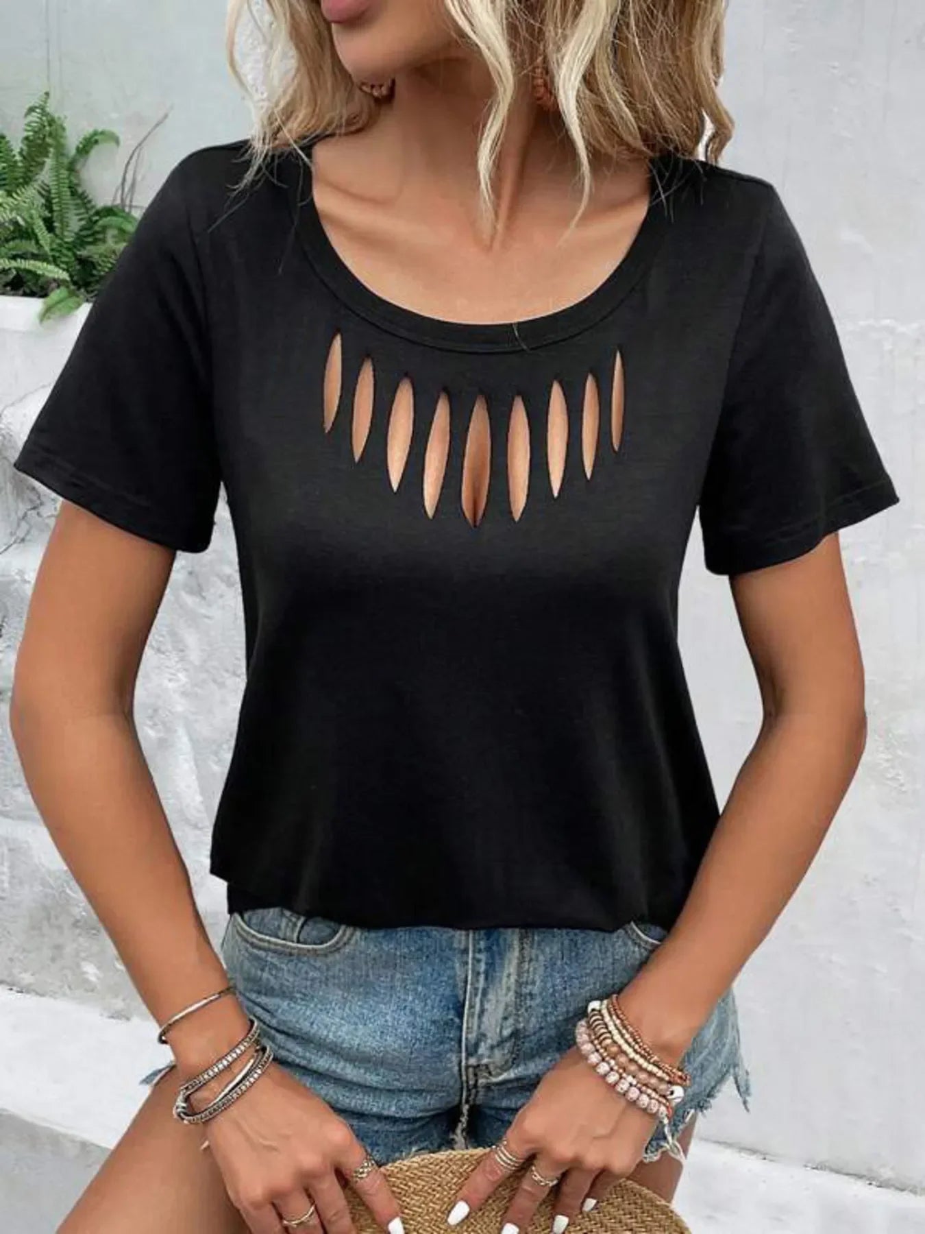 Hollow Out Neckline Short Sleeve T Shirt - Southern Shores Clothing
