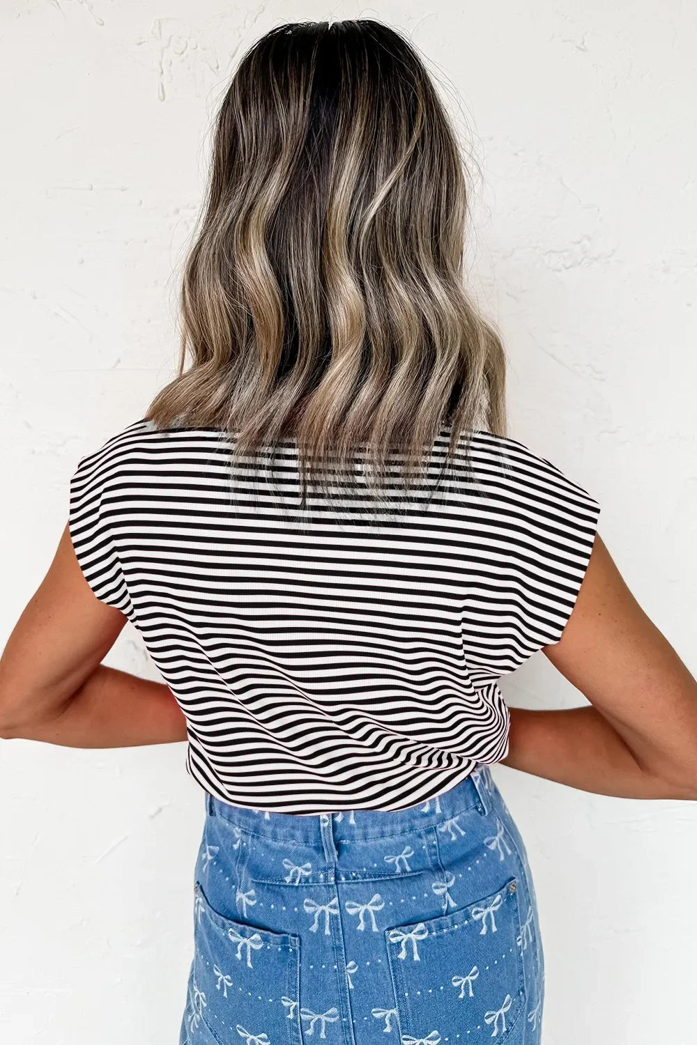 Striped Round Neck Cap Sleeve T Shirt Casual - Southern Shores Clothing