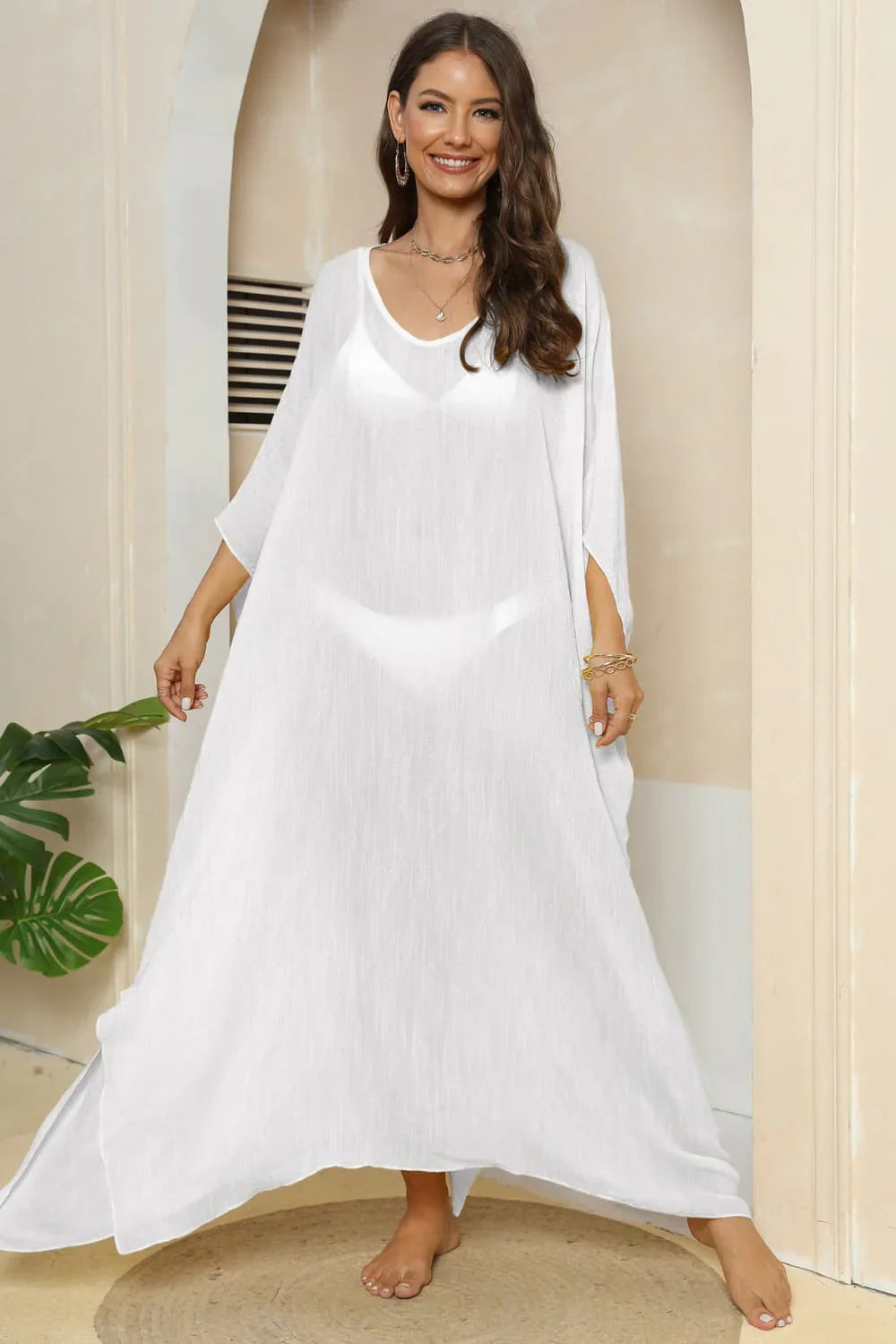 V-Neck Sheer Cover-Up With Three-Quarter Sleeve, One Size - Southern Shores Clothing