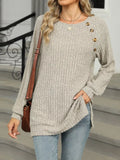Round Neck Side Slit Ribbed Knit Top with Asymmetric Button Detail - Southern Shores Clothing