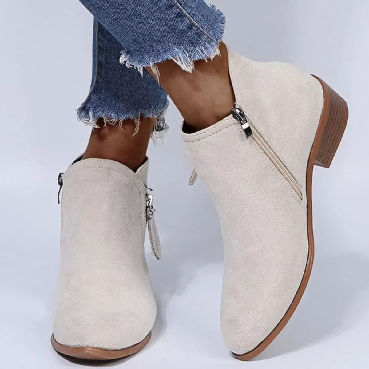 Point Toe Block Heel Boots Suede And Rubber