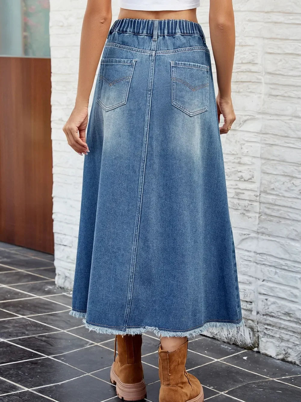 Raw Hem Denim Buttoned Skirt With Pockets - Southern Shores Clothing