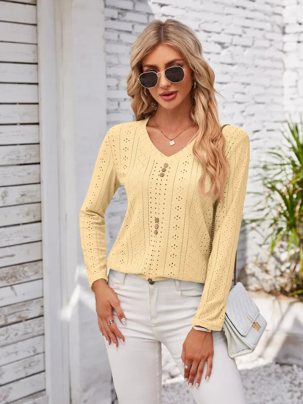 V Neck Openwork T Shirt With Decorative Buttons - Southern Shores Clothing