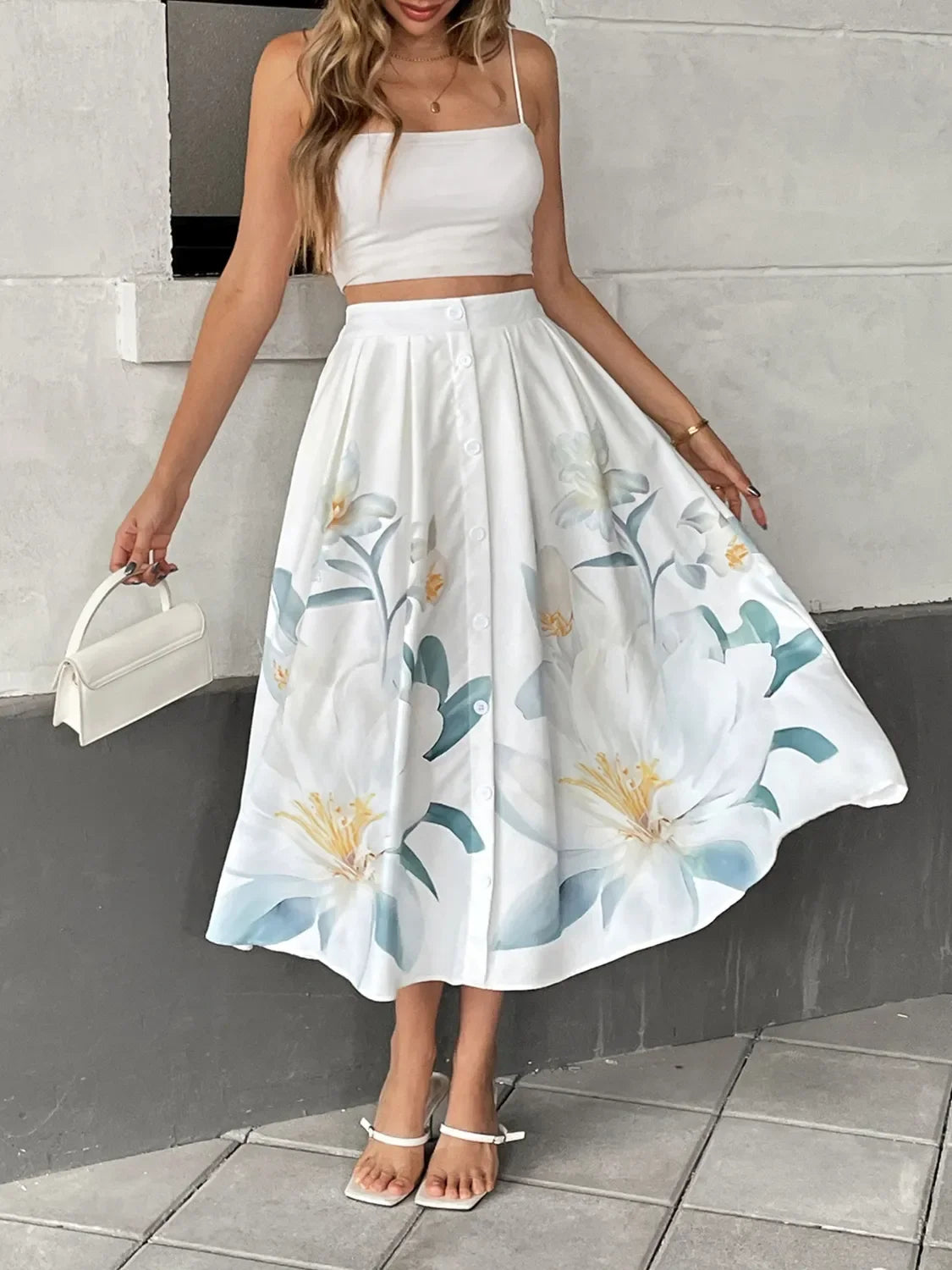 Floral Print Midi Skirt With Button Details - Southern Shores Clothing