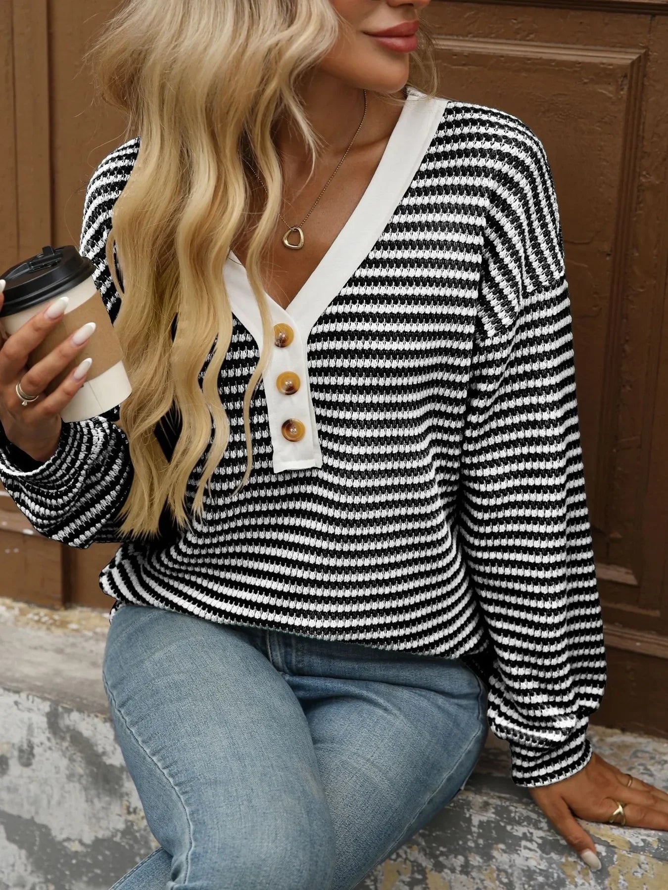 Striped V-Neck Button Front Casual Top - Southern Shores Clothing