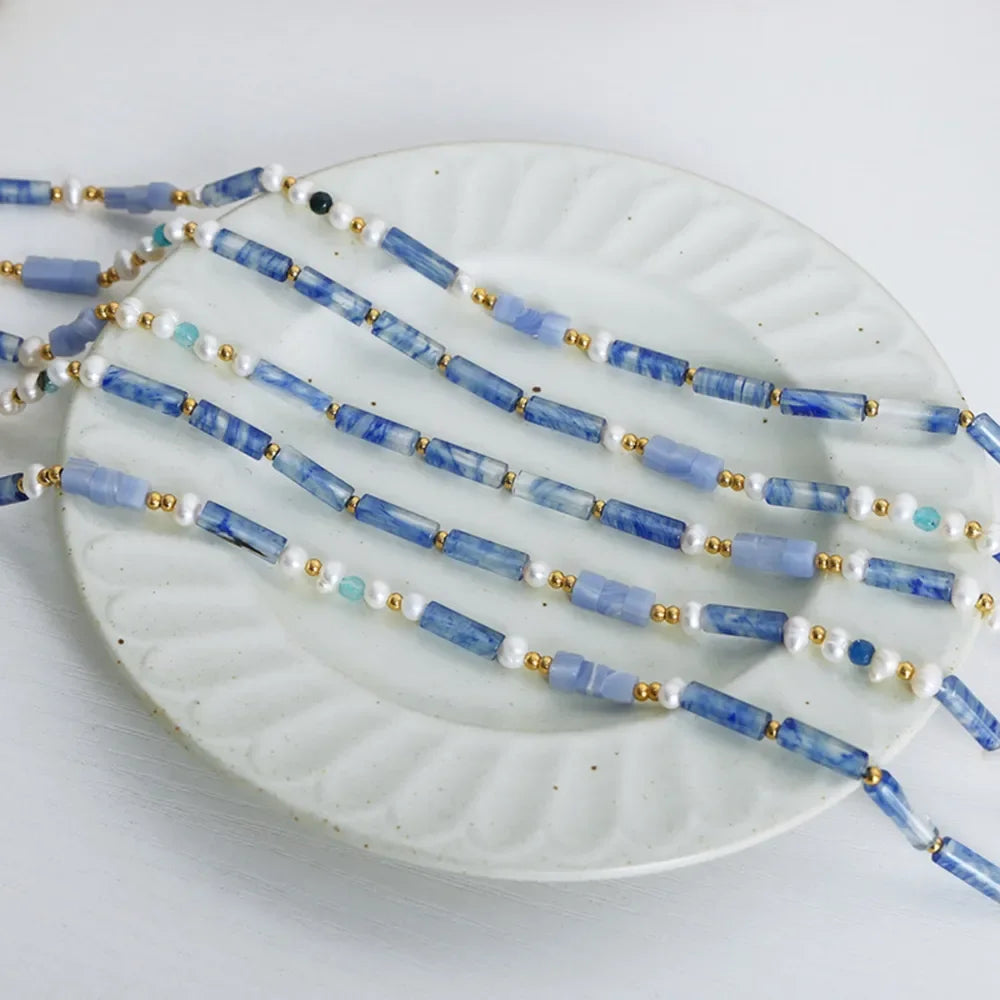 Geometric Pearl Necklace Titanium Steel Blue Chalcedony - Southern Shores Clothing