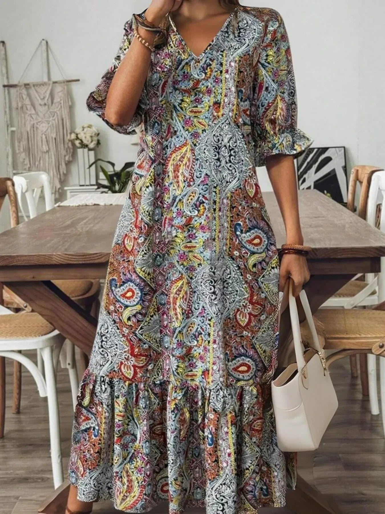 Bohemian Paisley Print V Neck Tiered Midi Dress Pattern - Southern Shores Clothing