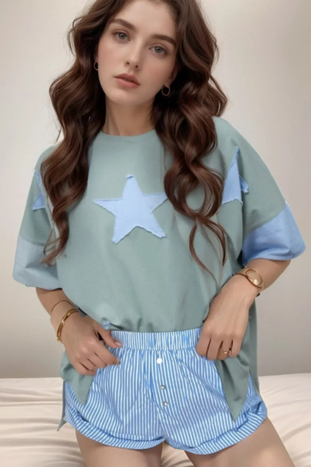 Oversized Frayed Denim Star Applique Tee With Patches - Southern Shores Clothing
