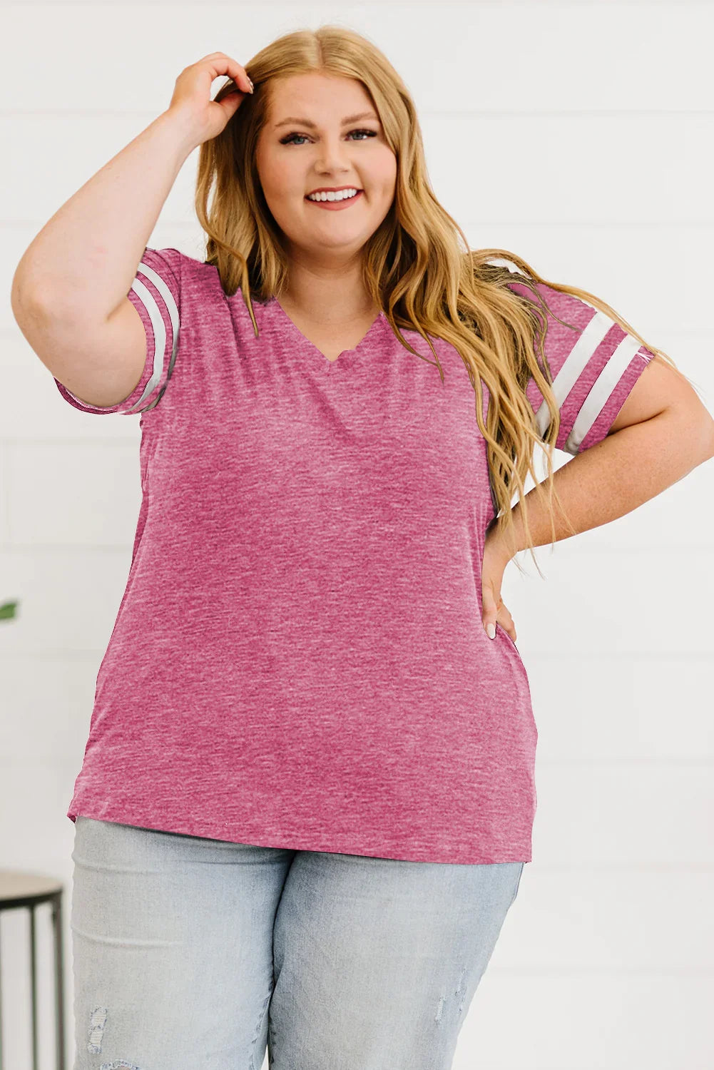 Plus Size Striped V-Neck Short Sleeve T-Shirt - Southern Shores Clothing