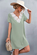 Spliced Lace Contrast Short Sleeve Dress - Southern Shores Clothing