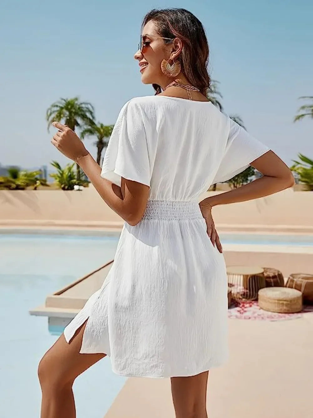 Smocked V-Neck Short Sleeve Dress Lightweight Coastal - Southern Shores Clothing