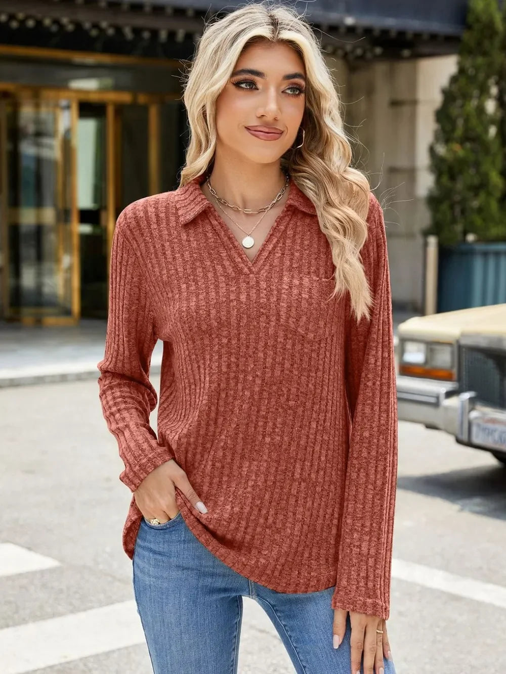 Ribbed Johnny Collar Pocketed Long Sleeve T Shirt - Southern Shores Clothing