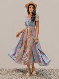 Smocked Floral V-Neck Midi Dress With Buttoned Slit Ruched - Southern Shores Clothing