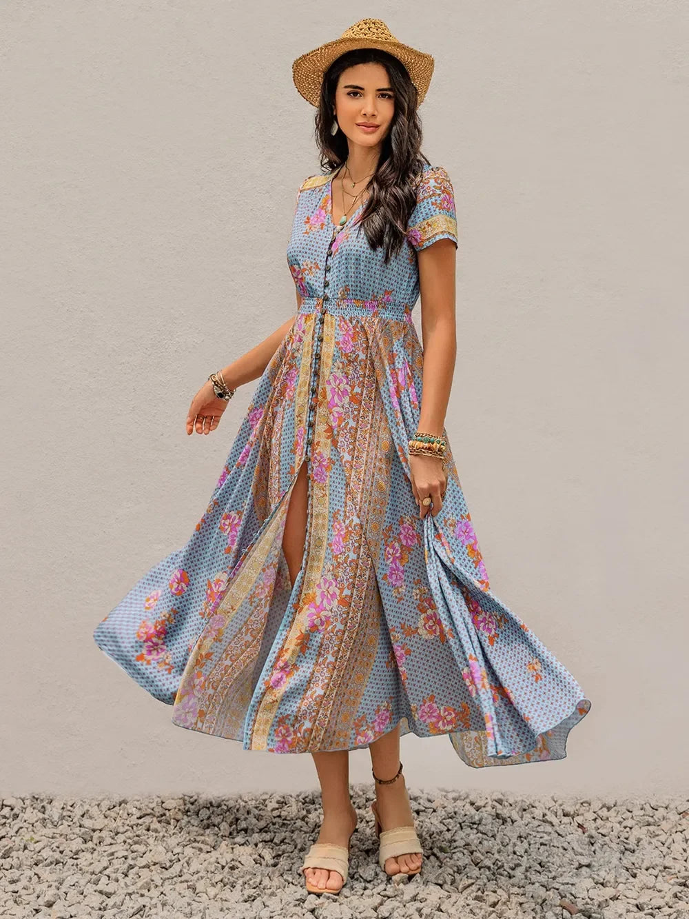 Smocked Floral V-Neck Midi Dress With Buttoned Slit Ruched - Southern Shores Clothing