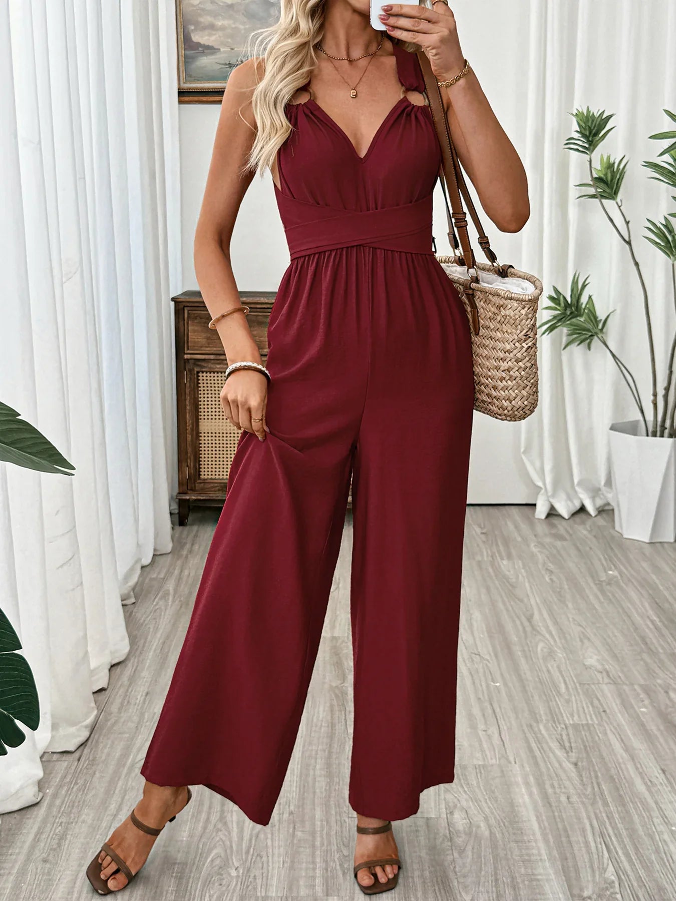 V Neck Sleeveless Wide Leg Jumpsuit Crisscross - Southern Shores Clothing