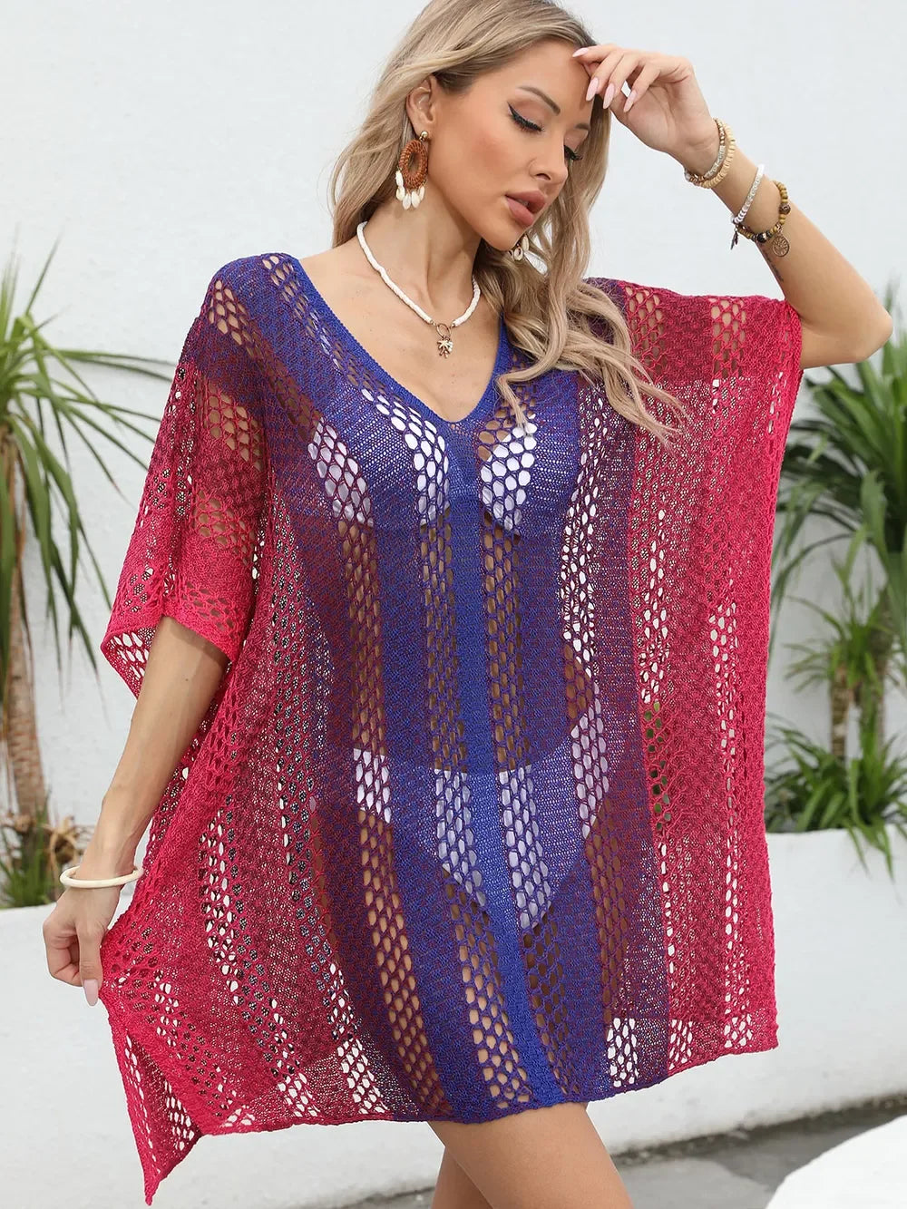Openwork Sheer V Neck Beach Cover Up One Size - Southern Shores Clothing