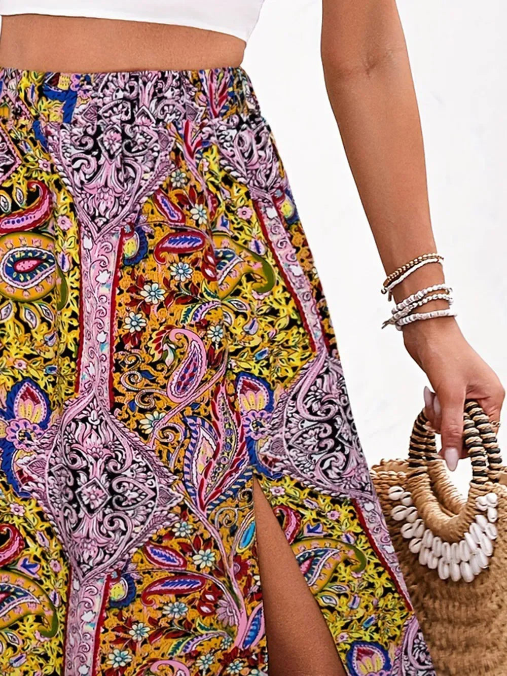 Printed Elastic Waist Slit Skirt Lightweight - Southern Shores Clothing