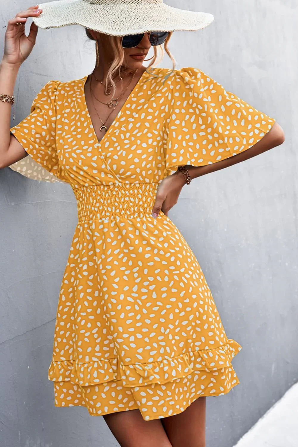 Printed Smocked Waist Layered Surplice Dress - Southern Shores Clothing