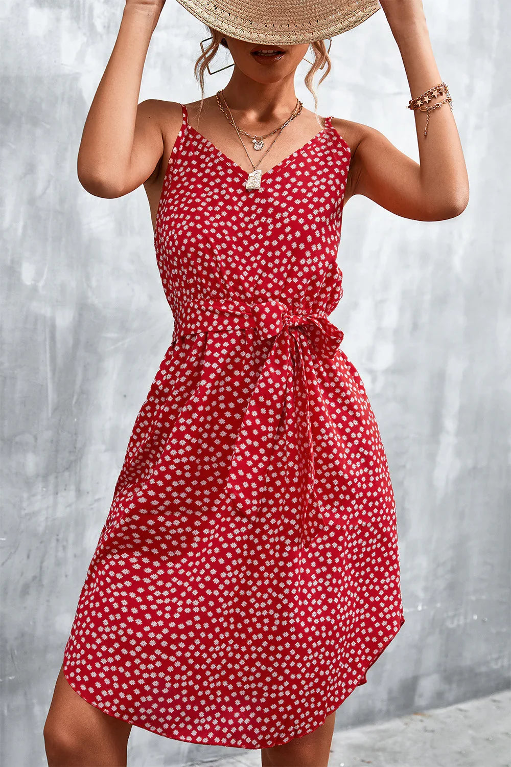 Printed V-Neck Tie Waist Mini Dress - Southern Shores Clothing