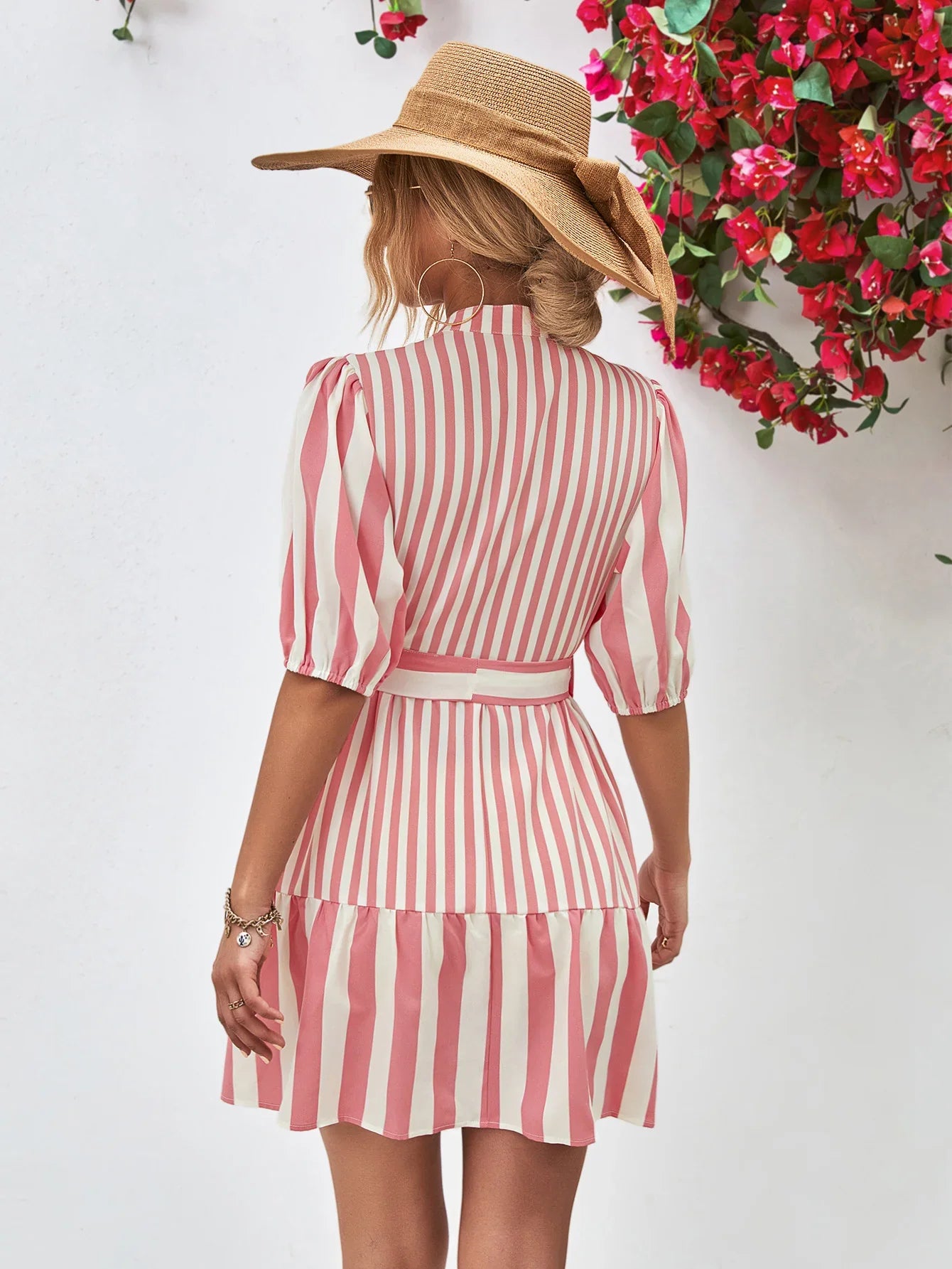 Striped Half Sleeve Tie Waist Mini Dress - Southern Shores Clothing