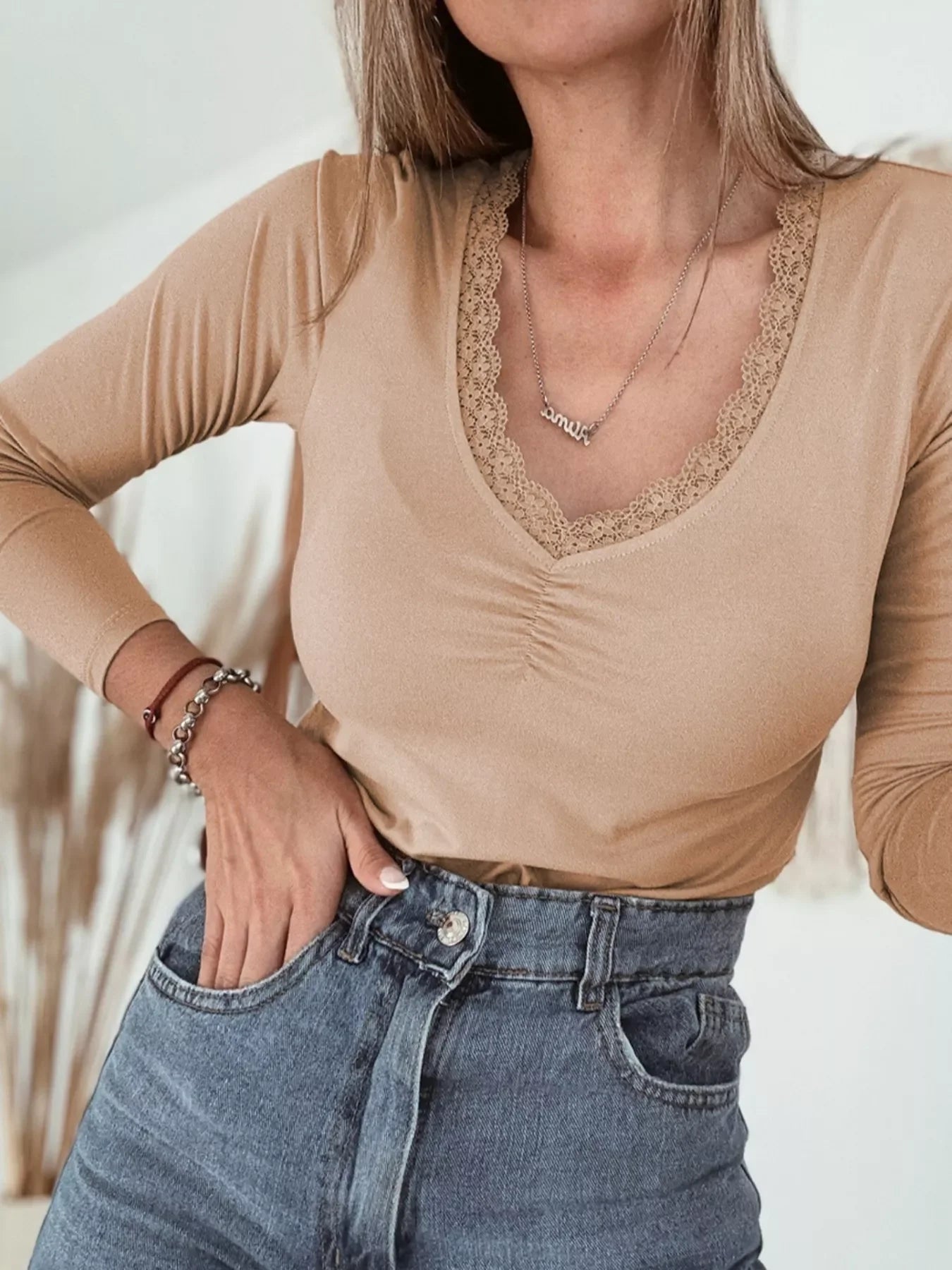 Lace-Trimmed Ruched Detail Long Sleeve T-Shirt - Southern Shores Clothing