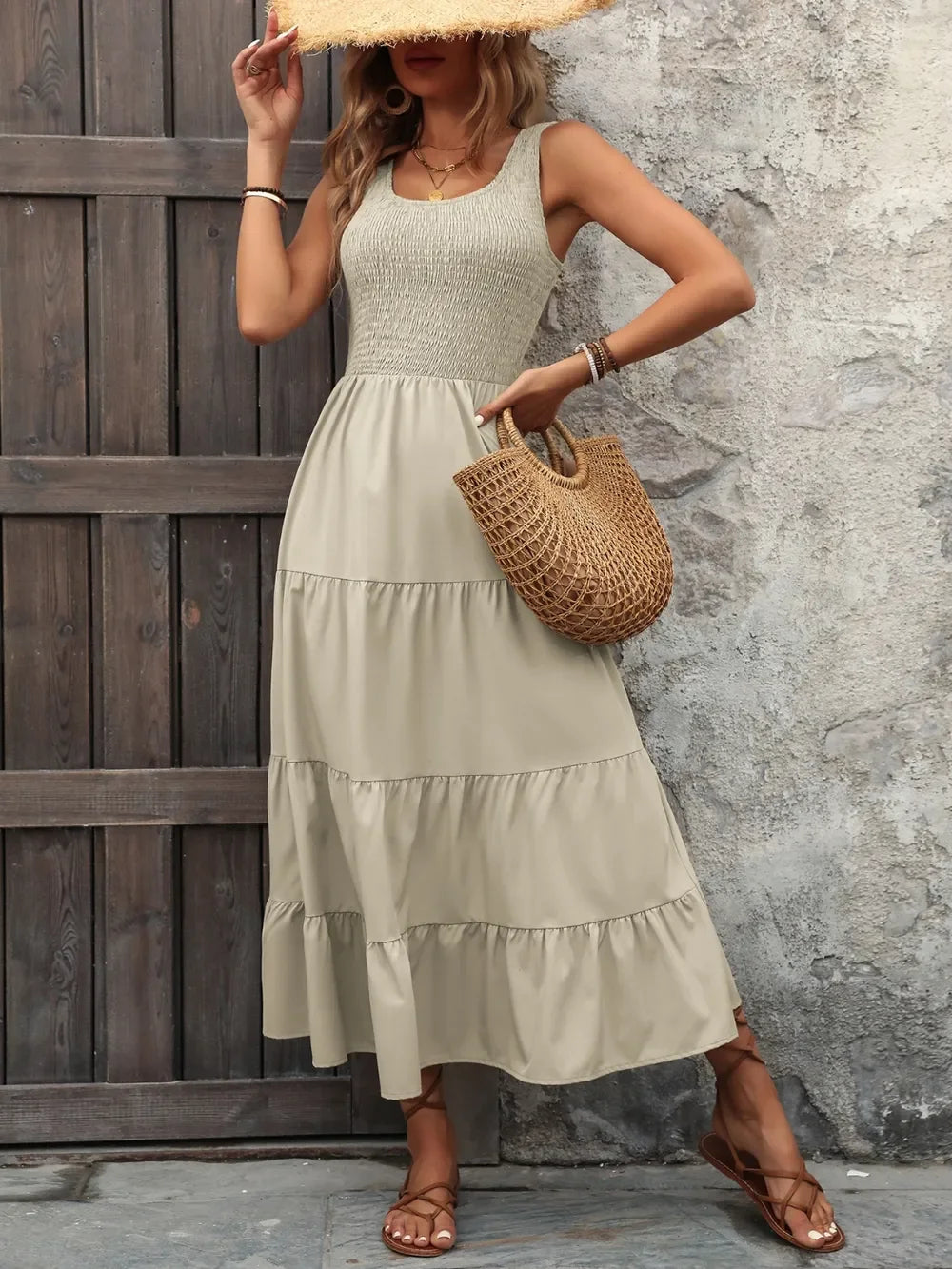 Smocked Scoop Neck Sleeveless Tank Dress - Southern Shores Clothing