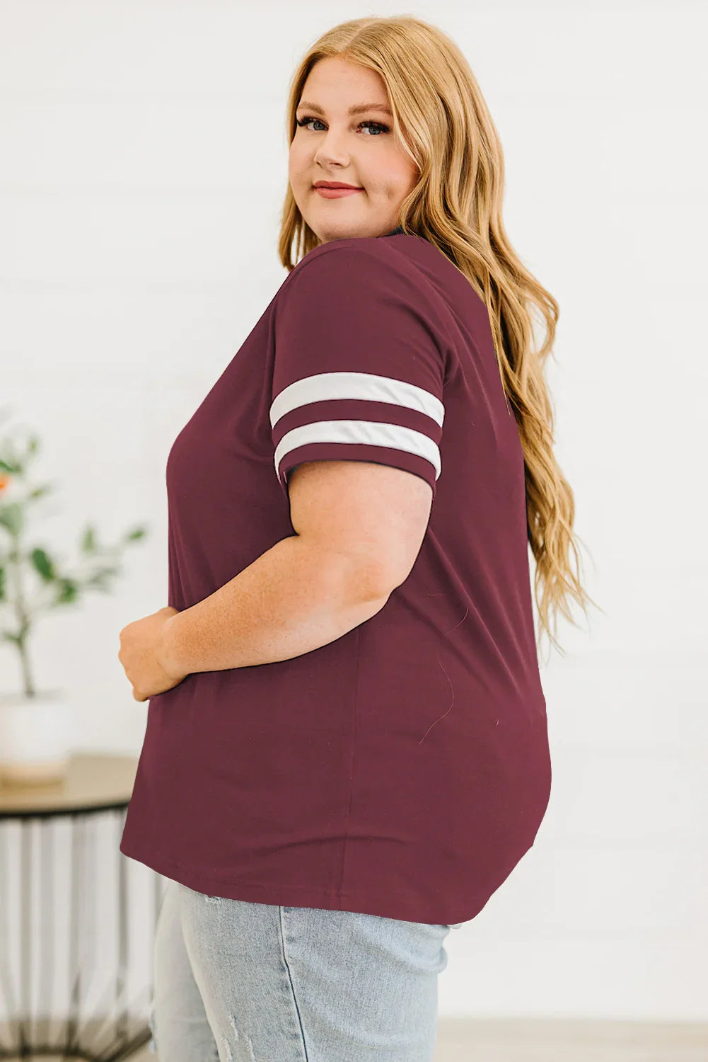 Plus Size Striped V-Neck Short Sleeve T-Shirt - Southern Shores Clothing