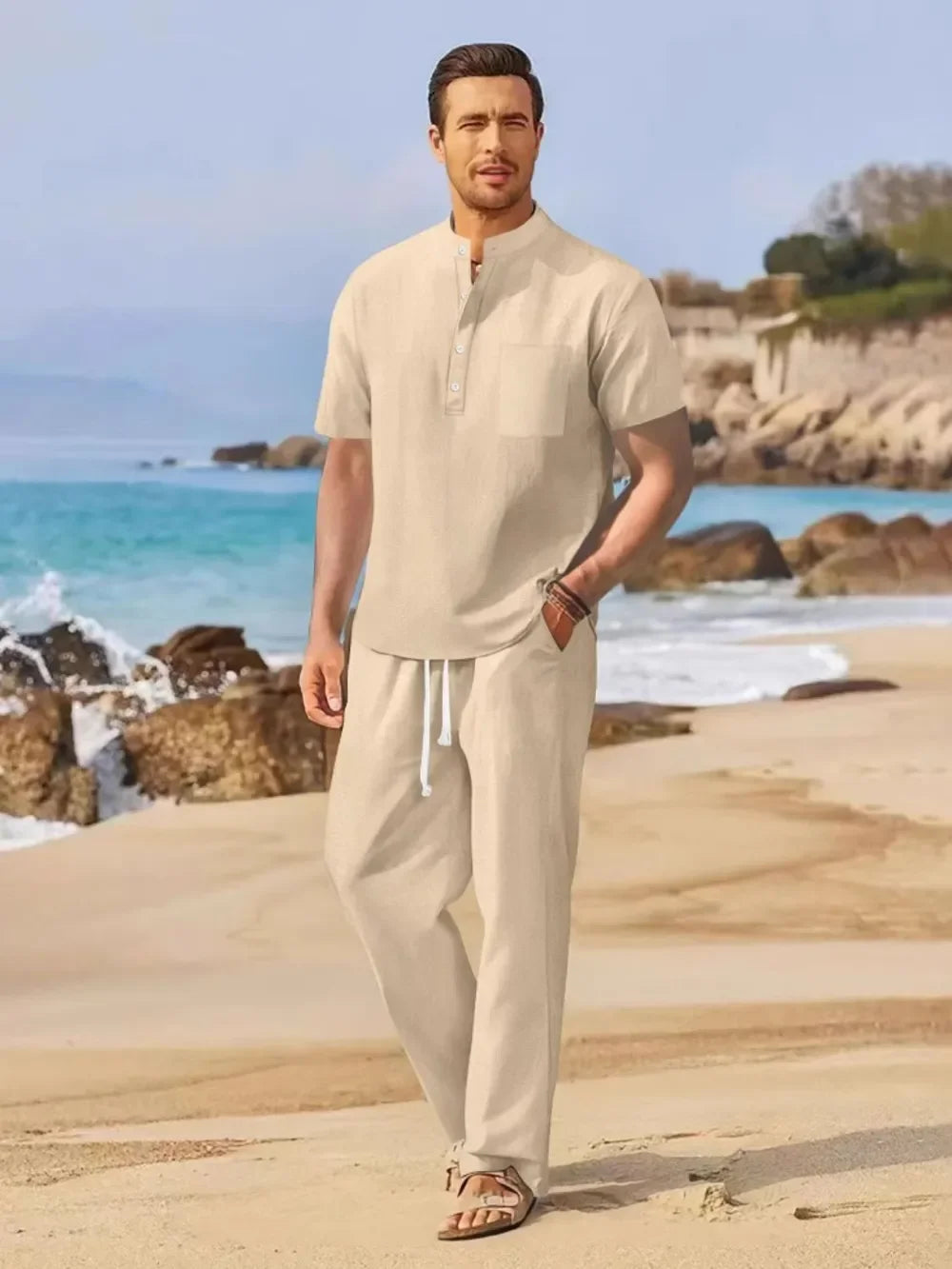 Men's Full Size Half Button Top and Drawstring Pants Set Plus Size - Southern Shores Clothing