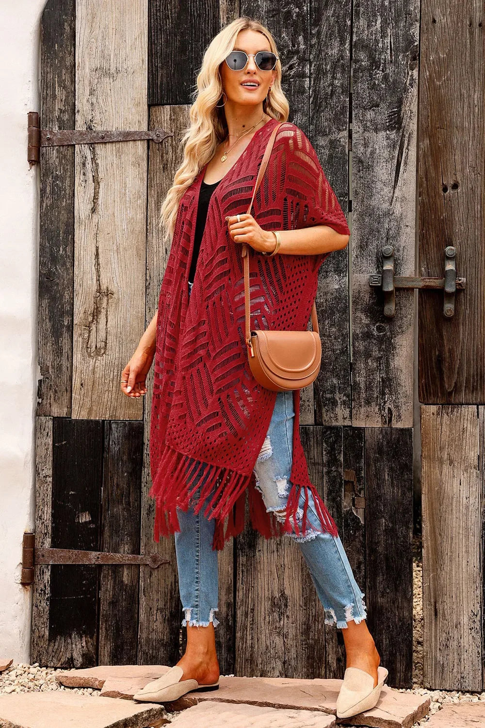 Lightweight Openwork Fringed Cardigan With Open Front - Southern Shores Clothing