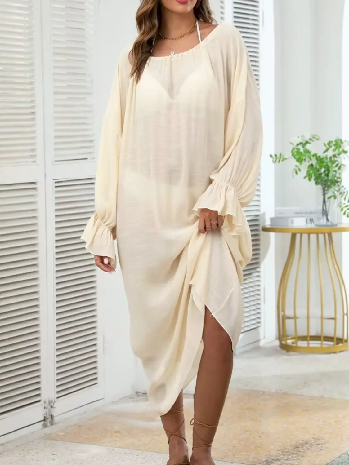 Backless Drawstring Flounce Sleeve Cover Up One Size - Southern Shores Clothing