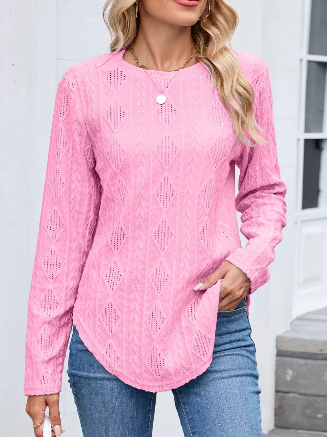 Openwork Textured Long Sleeve Top - Southern Shores Clothing