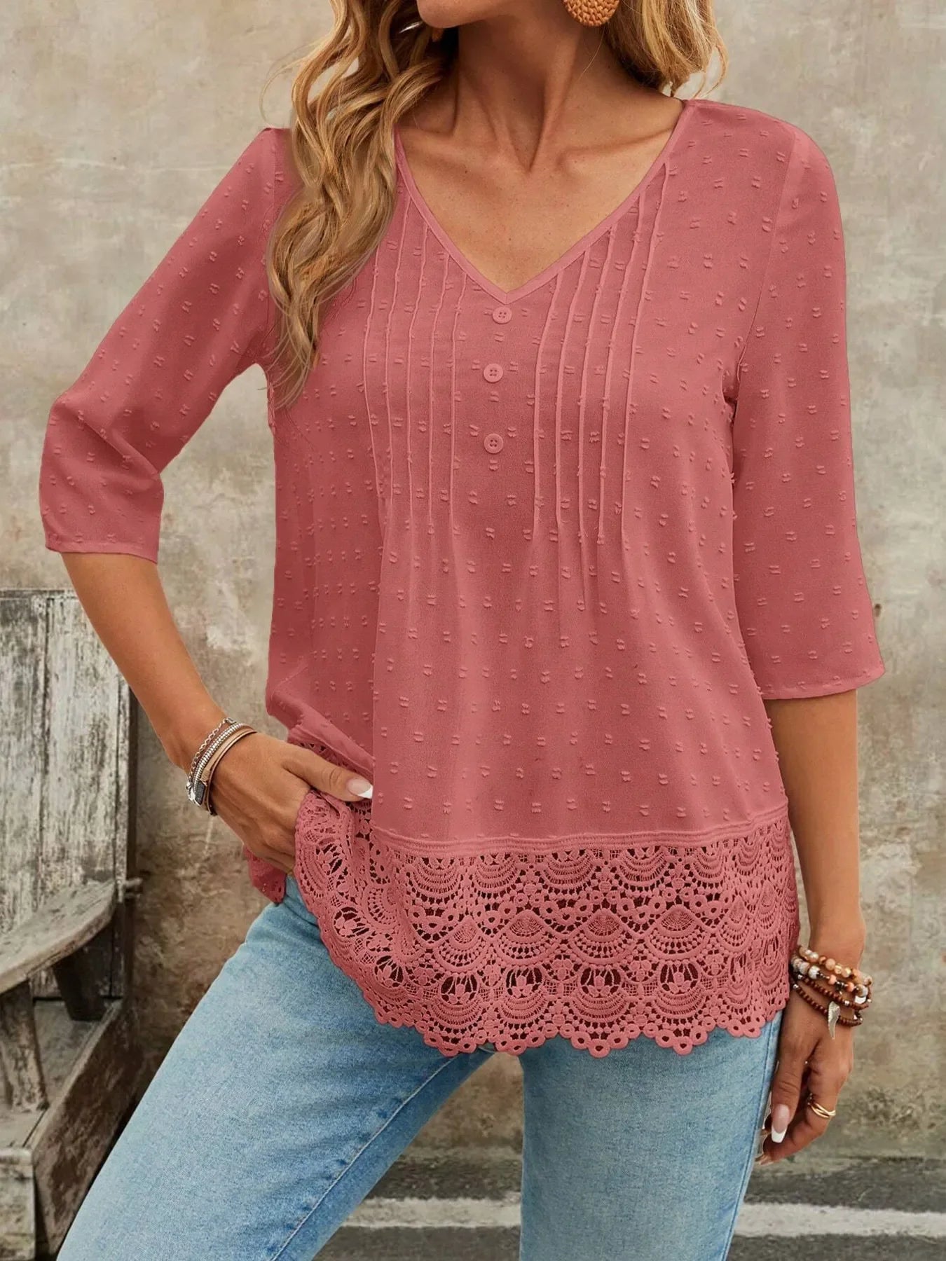 V-Neck Lace Hem Blouse With Decorative Button - Southern Shores Clothing