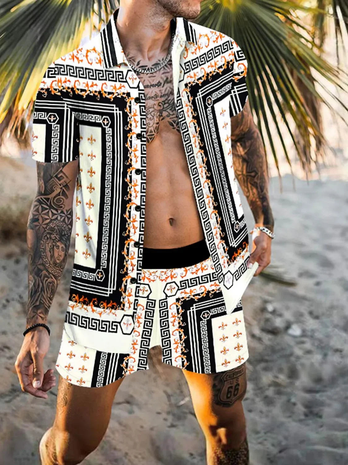 Men's Full Size Printed Collared Neck Short Sleeve Top and Shorts Set Plus Size - Southern Shores Clothing