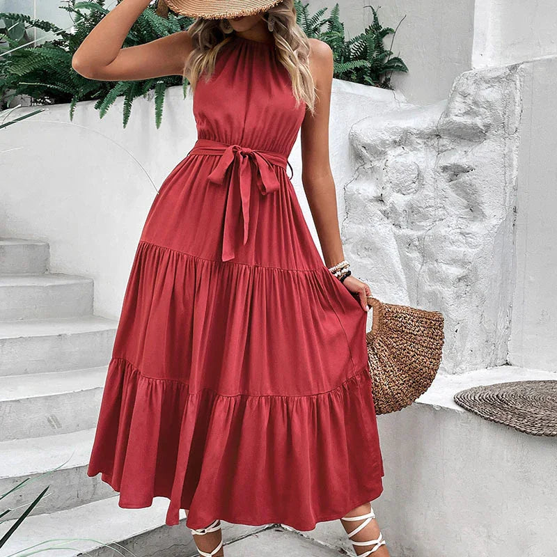 Perfee Tie Belt Tiered Midi Dress - Southern Shores Clothing