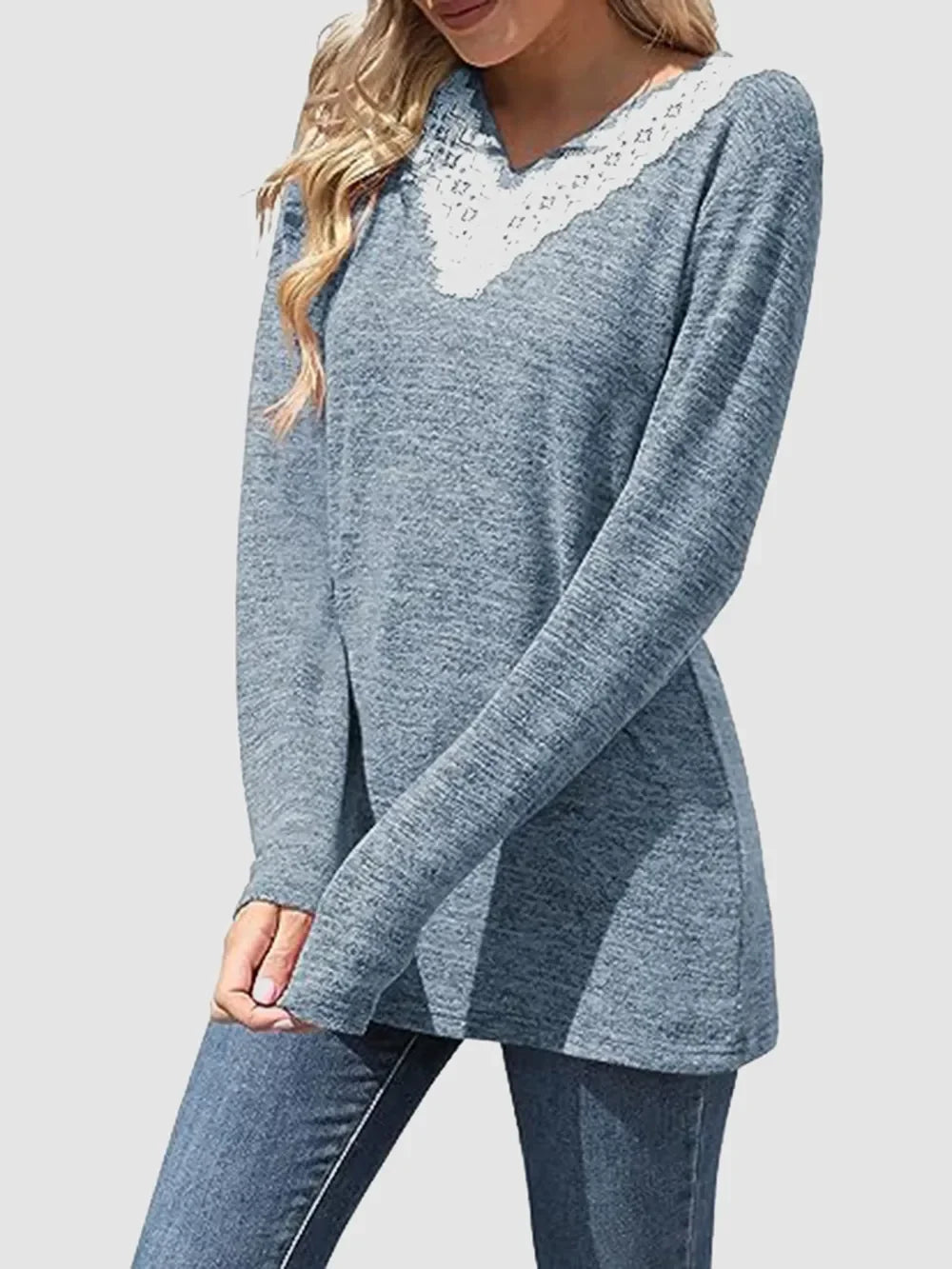 Lace Detail V-Neck Long Sleeve T-Shirt With Soft Stretch - Southern Shores Clothing