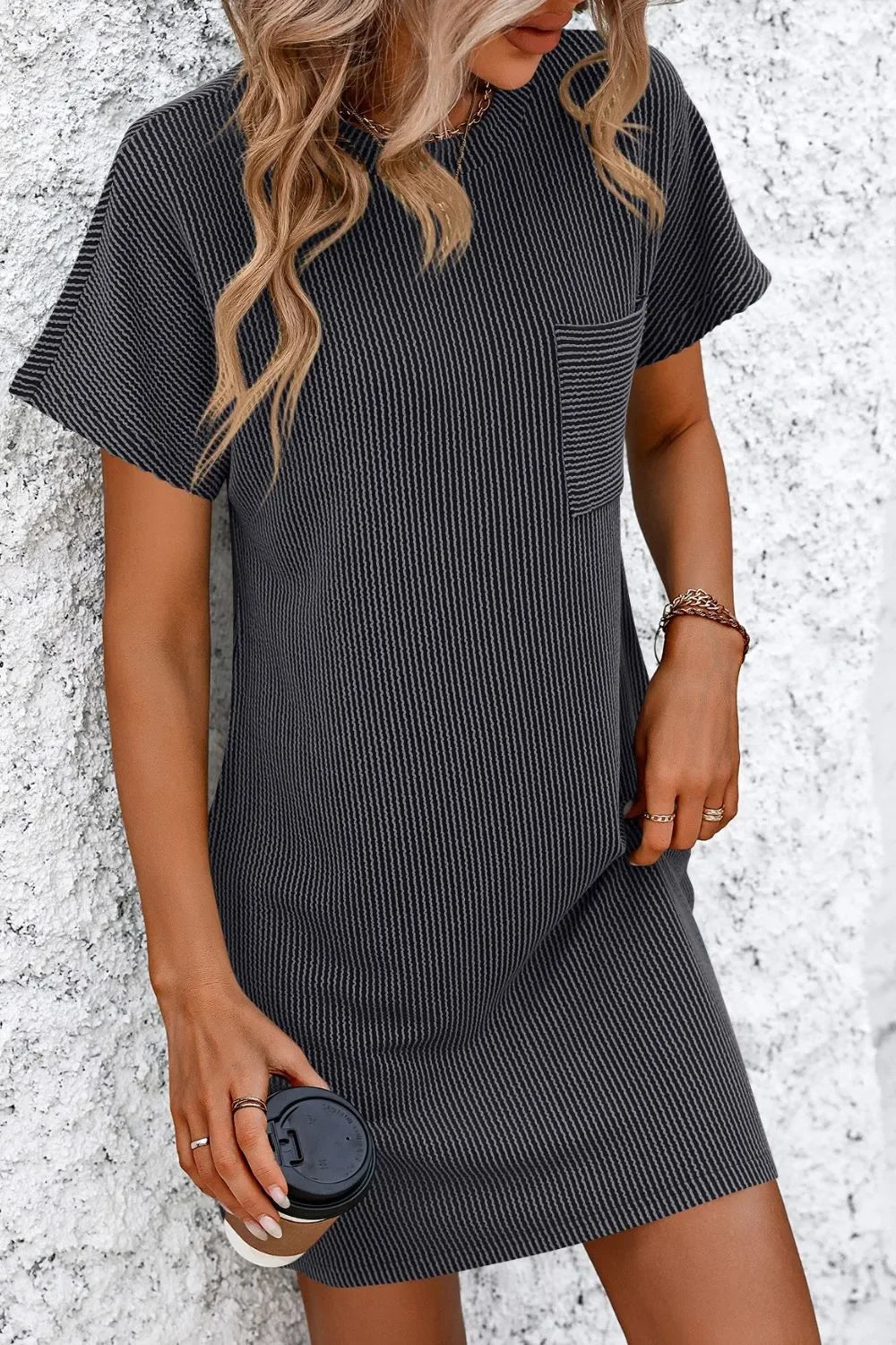 Ribbed Striped Short Sleeve Mini Tee Dress - Southern Shores Clothing