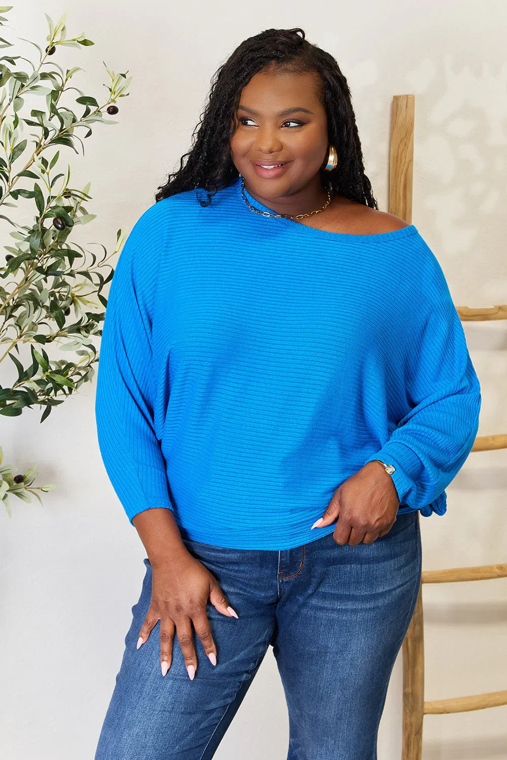 Round Neck Batwing Sleeve Stretch Blouse With Relaxed Fit - Southern Shores Clothing