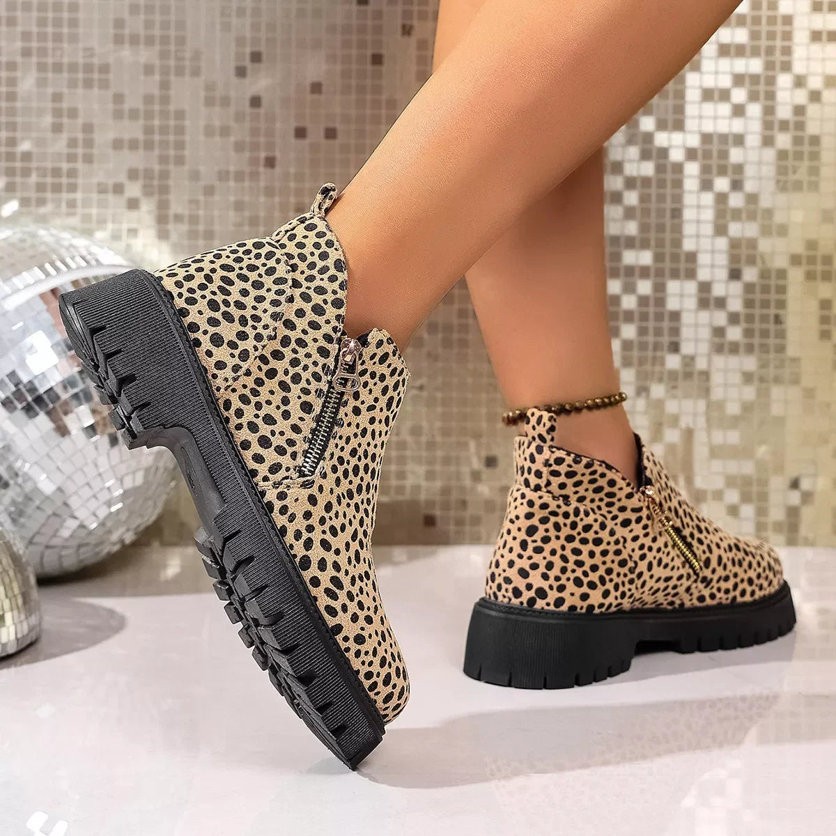 Leopard Platform Boots With Side Zip Mid Heel - Southern Shores Clothing